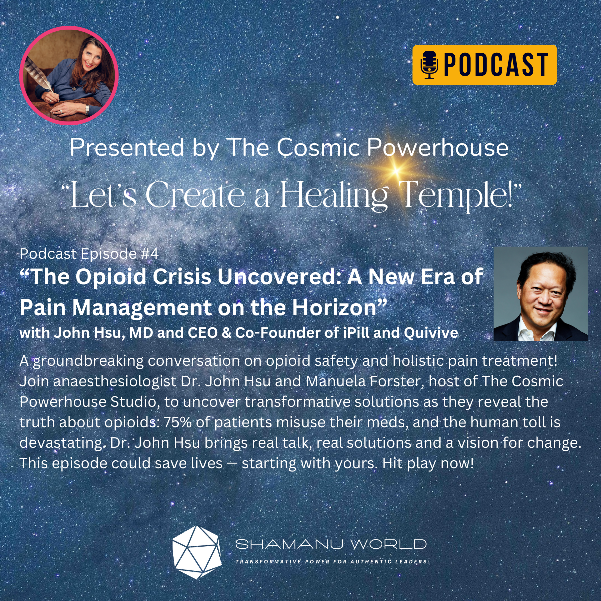 Podcast show intro slide for episode #4 with John Hsu about Opioid Crisis